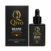 Qivo Beard Growth Oil 30ml bottle and its black packaging box, both featuring gold
