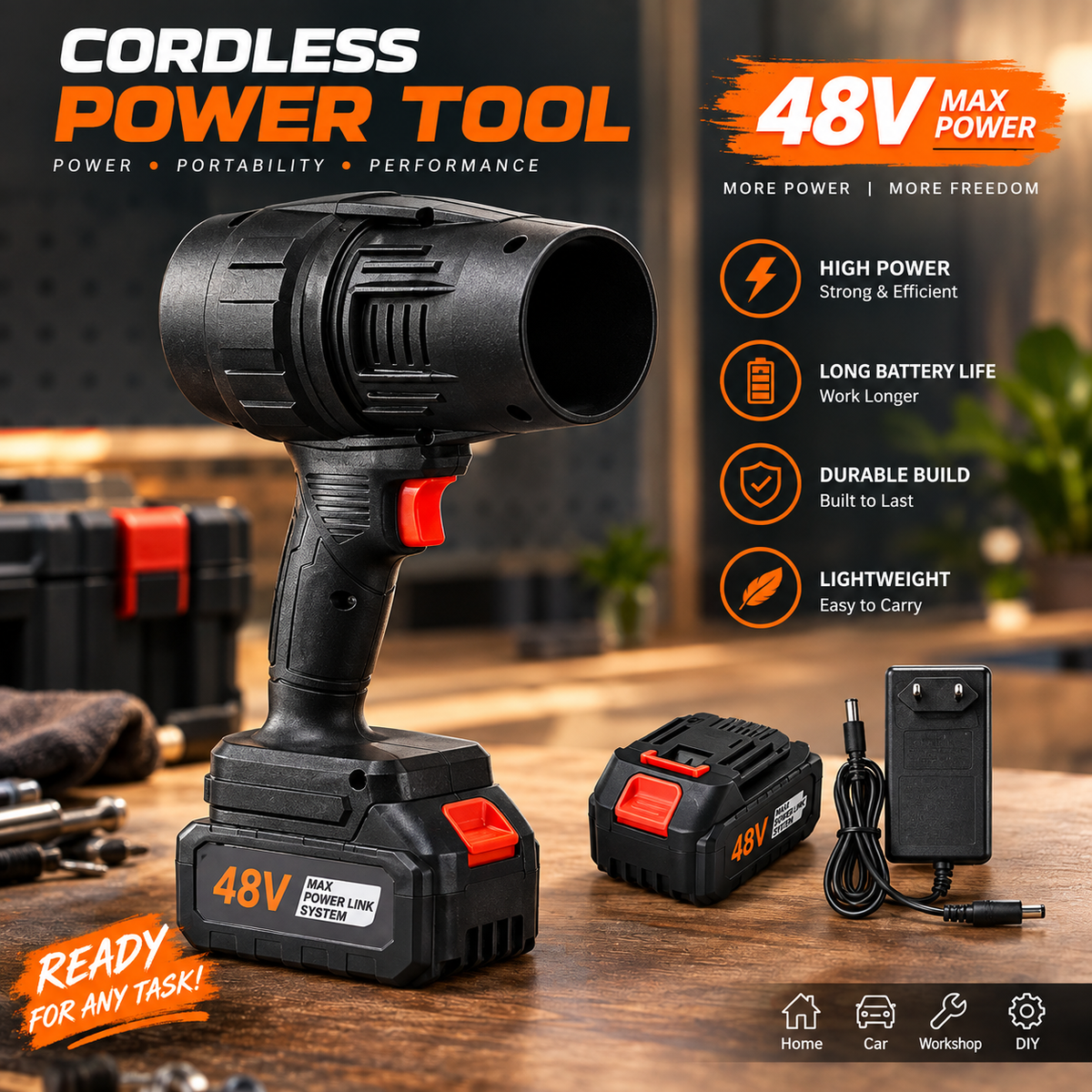 Turbo Jet Air Blower Cordless 48V || Powerful Handheld Blower with Battery & Charger | 300,000 RPM High-Speed Motor | Leaf, Snow & Dust Blower for Outdoor & Indoor Use