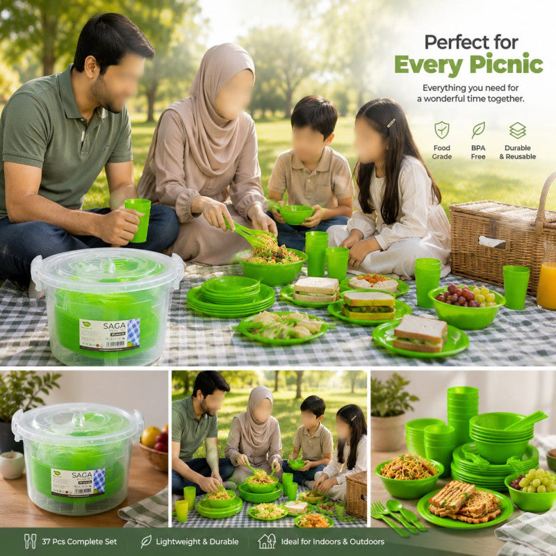 Make every picnic memorable with the Saga Picnic Set! This 37-piece picnic set includes everything you need for outdoor dining. Durable, lightweight, food-grade, and perfect for family gatherings, picnics, camping, and travel