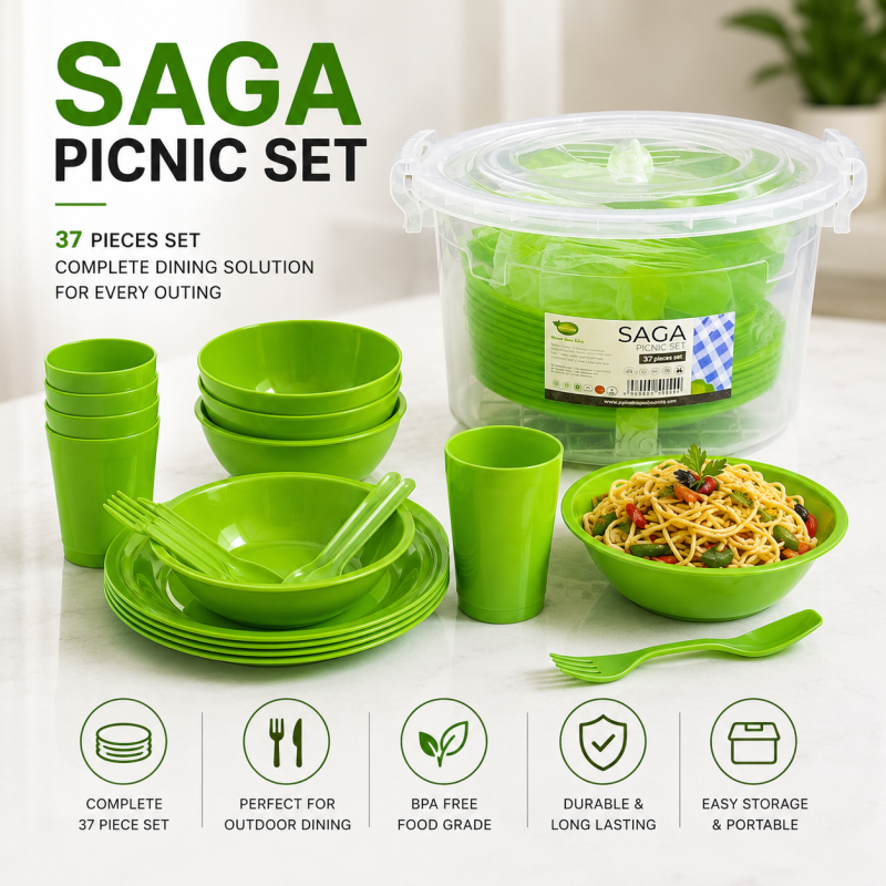 Make every picnic memorable with the Saga Picnic Set! This 37-piece picnic set includes everything you need for outdoor dining. Durable, lightweight, food-grade, and perfect for family gatherings, picnics, camping, and travel