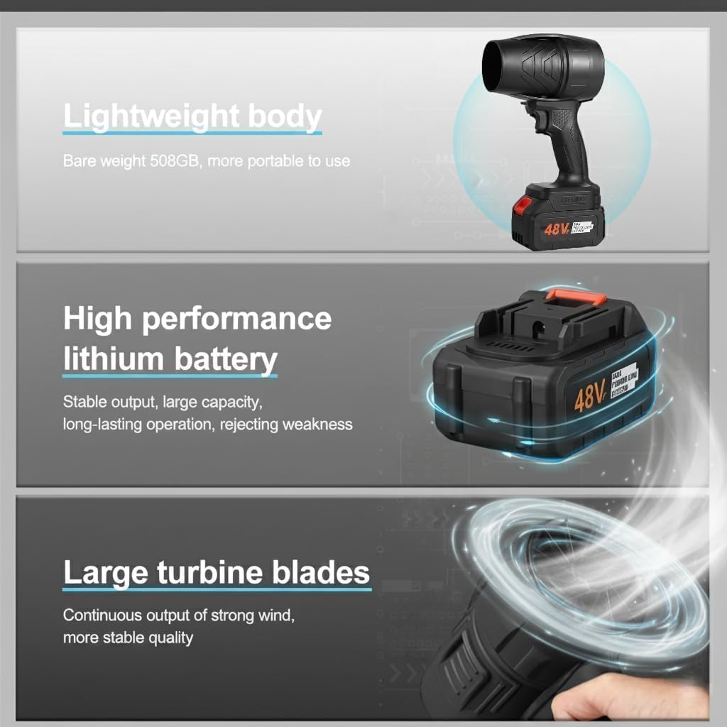 Turbo Jet Air Blower Cordless 48V || Powerful Handheld Blower with Battery & Charger | 300,000 RPM High-Speed Motor | Leaf, Snow & Dust Blower for Outdoor & Indoor Use