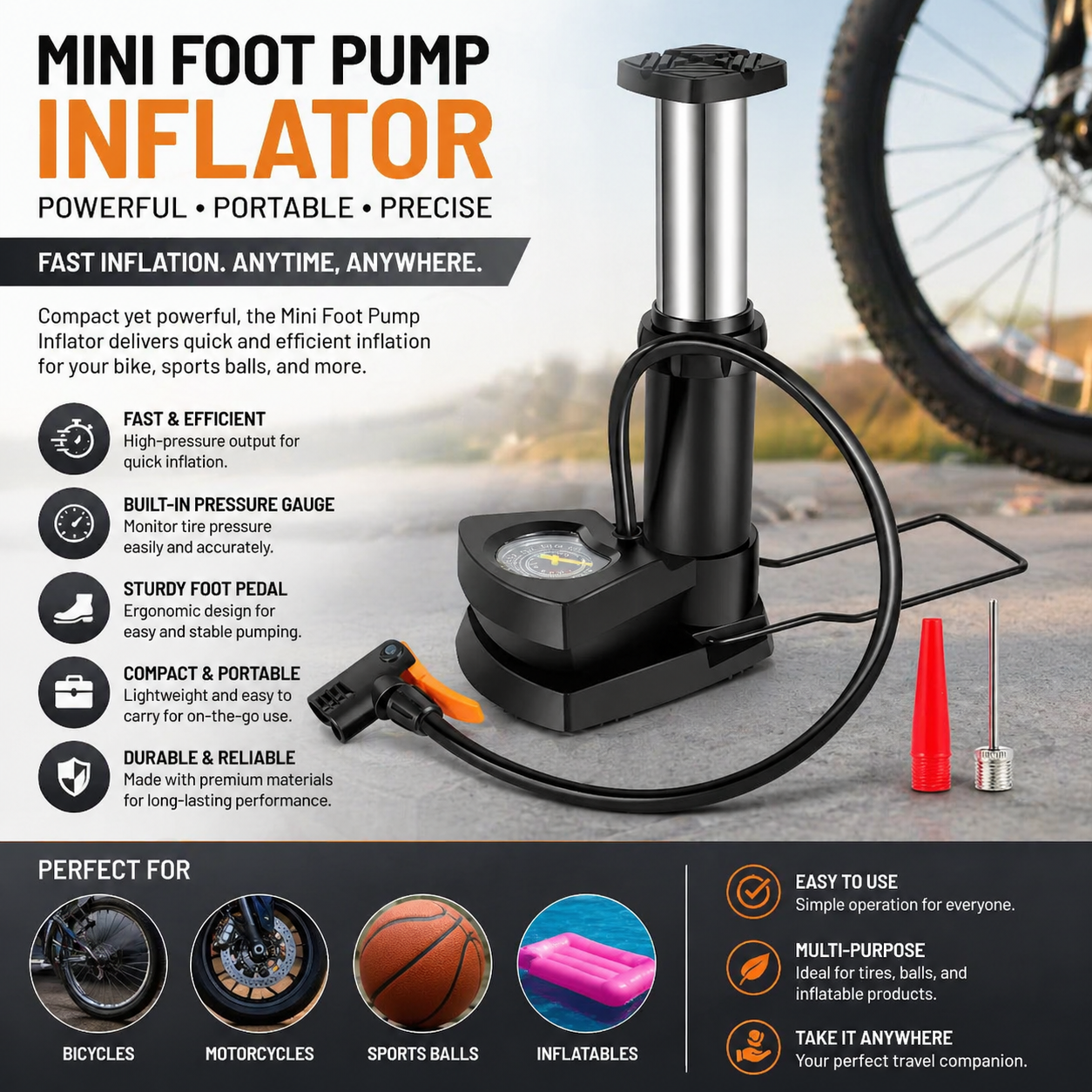Foot Air Pump With Air Pressure Gauge Portable Mini for Bicycle,Bike,Motorcycle,Car,Football / Mini air pump