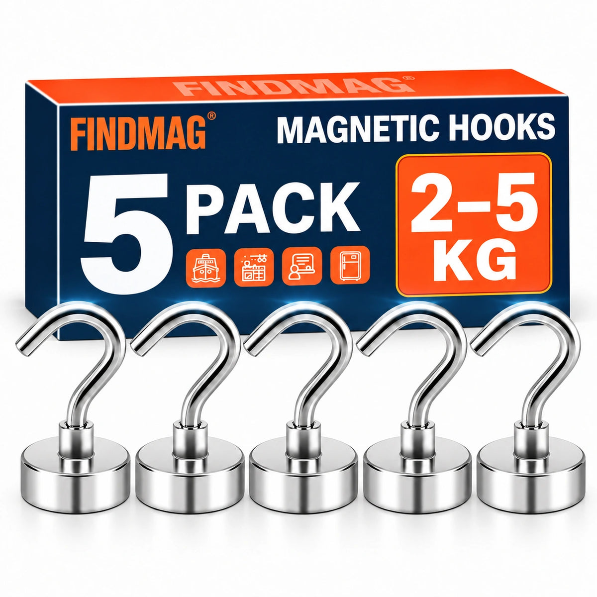 FINDMAG Magnetic Hooks – Heavy-Duty  3 to 5 kg+ Magnetic Hooks | 5 Pack & 10 Pack