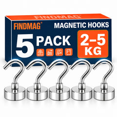 FINDMAG Magnetic Hooks – Heavy-Duty  3 to 5 kg+ Magnetic Hooks | 5 Pack & 10 Pack