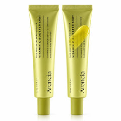 Arencia skincare booster tube with a glossy metallic finish, isolated on white.