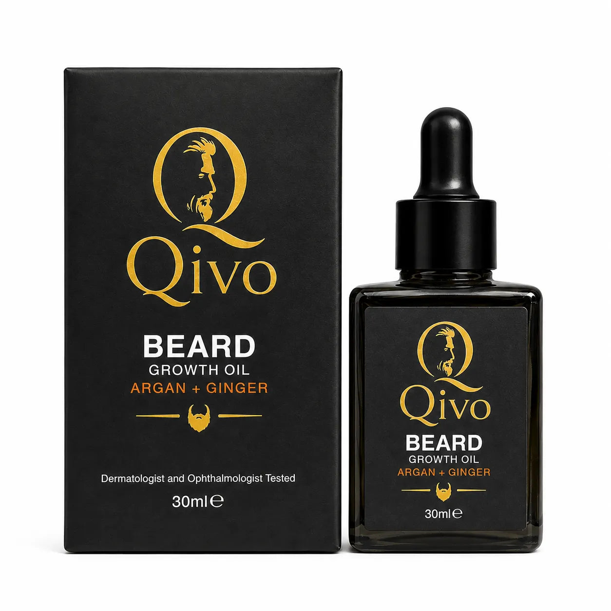 Qivo Beard Growth Oil 30ml bottle and its black packaging box, both featuring gold