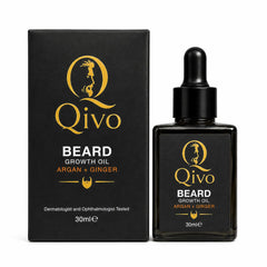 Qivo Beard Growth Oil 30ml bottle and its black packaging box, both featuring gold