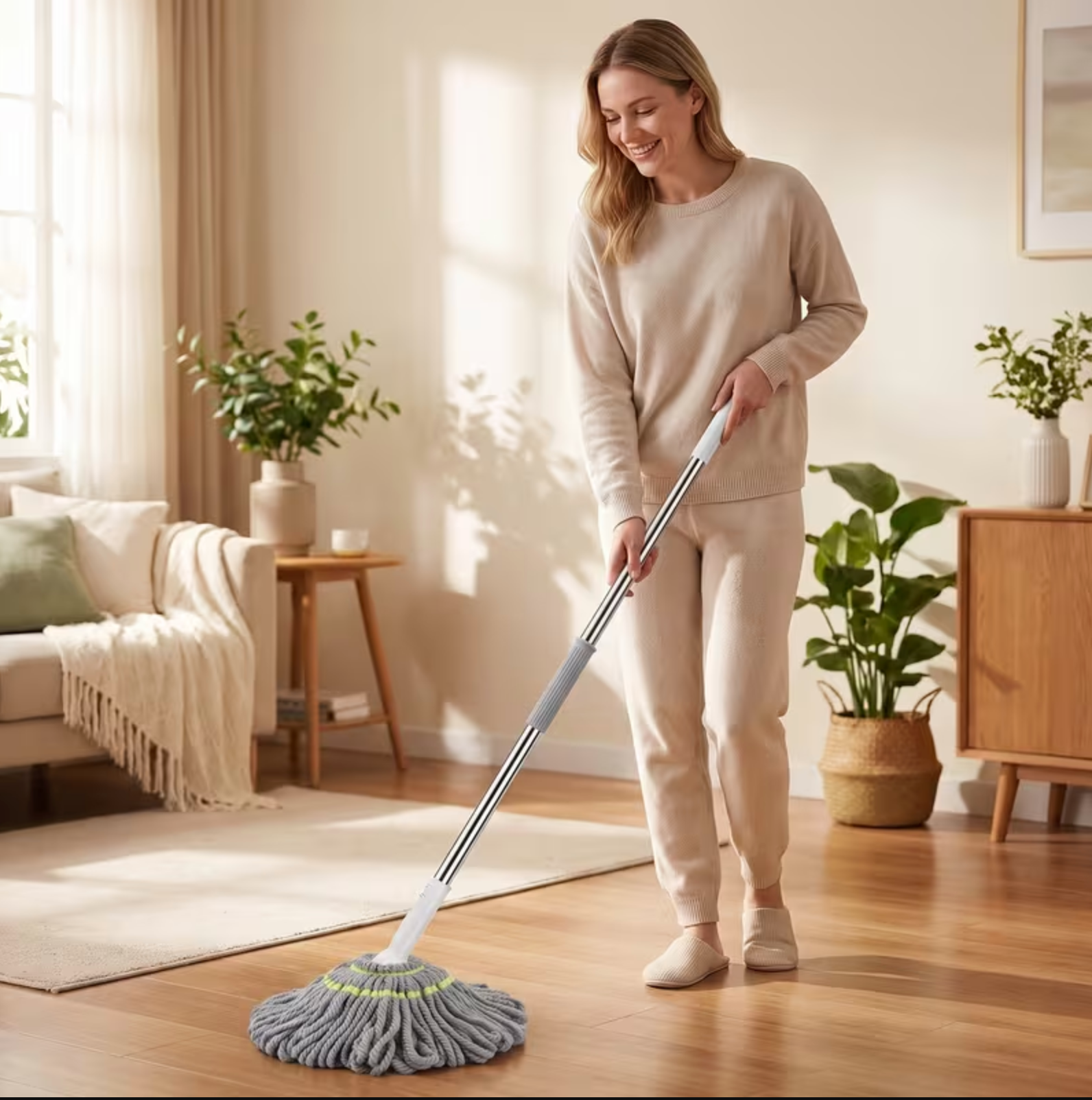No Hand Wash Self-Twist Microfiber Mop, Large 50Cm High Absorbent Head with Telescopic Pole, Wet Dry Floor Cleaning Mop for Household Hardwood Kitchen Bedroom Use