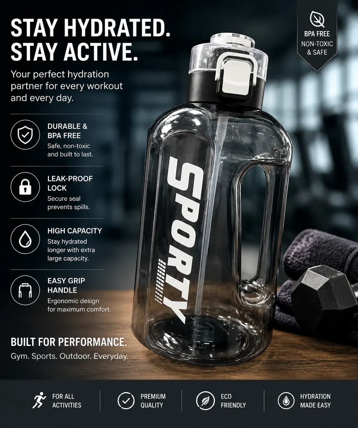 Sporty Water Bottle (BPA Free) (Premium Quality) 2000ml